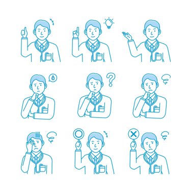 Young male doctor gesture variation illustration set