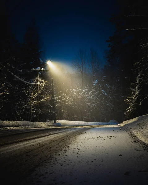 夜の冬の道を照らすランタン ロイヤリティフリーのストック画像