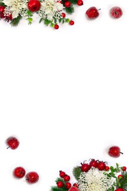 Noel süsü. Beyaz açılır çiçek desenleri, noel ağacı dalları, kırmızı böğürtlenler, beyaz arkaplanda yazı için yeri olan elmalar. Üst manzara, düz uzanma