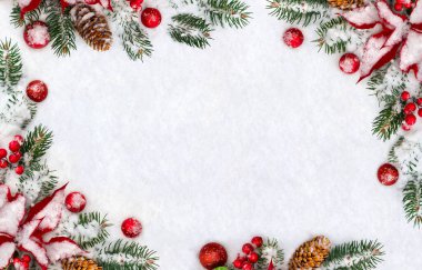 Noel süsü. Ağaç dalları, kırmızı noktalı çiçekler, kahverengi ladin kozalakları, kırmızı top, karlı kırmızı böğürtlenler. Üst manzara, düz uzanma