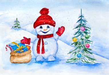 Örgü şapkalı küçük bir kardan adam, Noel ağacı, kışın kar üzerinde hediye kutusu. Noel süsü. Resim suluboya resim