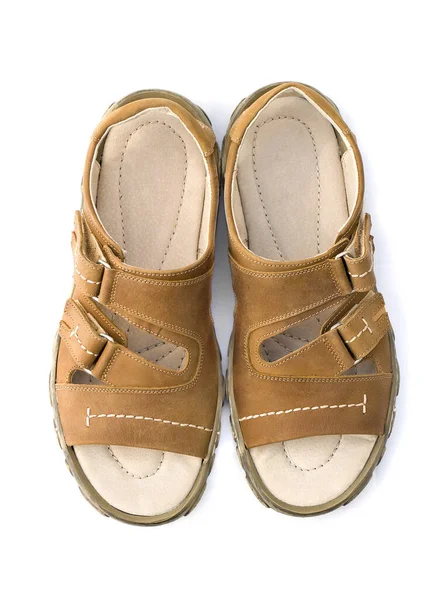 Men Brown Beige Sandals Velcro White Background — Stock Photo, Image