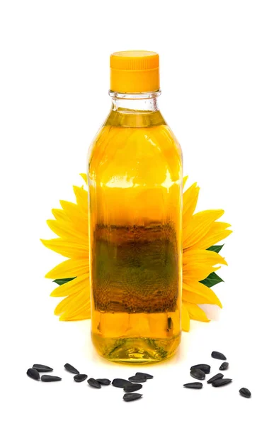 Flasche Sonnenblumenöl Mit Blume Und Samen Auf Weißem Hintergrund — Stockfoto