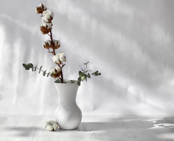 Bouquet Weiße Blumen Baumwolle Mit Grünen Eukalyptusblättern Und Zweigen Porzellan — Stockfoto