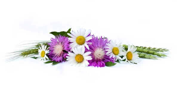 Bukiet Białych Rumianków Zielonego Pszenicy Różowych Kwiatów Kukurydzy Centaurea Dealbata — Zdjęcie stockowe