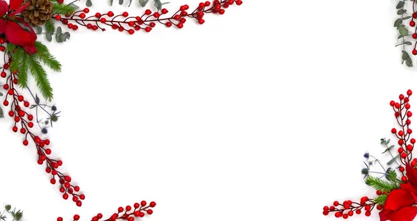 Kerstversiering Rode Bes Blauwe Droge Bloemen Rode Poinsettia Kerstboom Dennenappel — Stockfoto