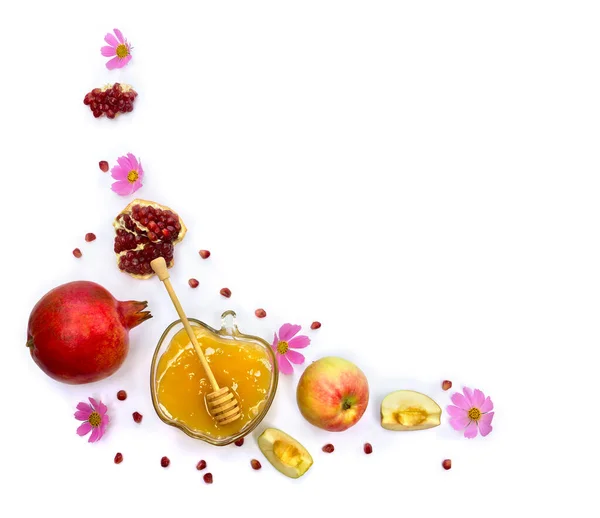 Honig Glasschale Rote Äpfel Granate Hölzerner Honiglöffel Rosa Blüten Auf — Stockfoto