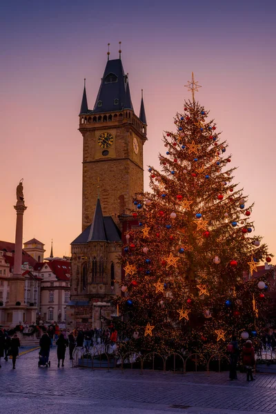 프라하 공화국 겨울에 광장의 타워가 각도로 보인다 크리스마스 트리와 사람들을 로열티 프리 스톡 이미지