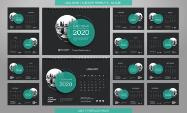 Masa Takvimi 2020 şablonu - 12 ay dahil - A5 Boyut 