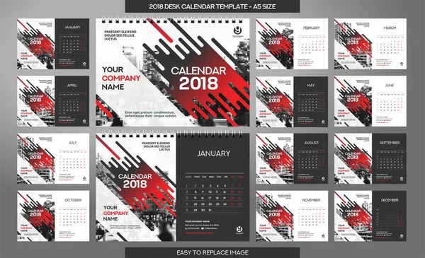 Bureau Kalender 2018 Template Maanden Opgenomen Grootte Art Brush Thema — Stockvector
