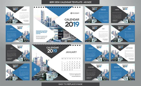 Calendario Escritorio 2019 Plantilla Meses Incluidos Tamaño — Vector de stock