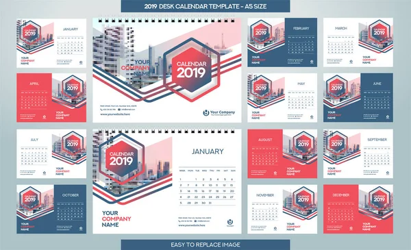 Calendario Escritorio 2019 Plantilla Meses Incluidos Tamaño — Vector de stock