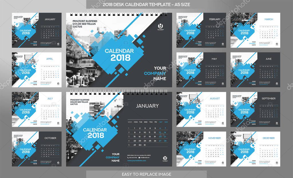 Desk Calendar 2018 template - 12 months included - A5 Size - Art Brush Theme