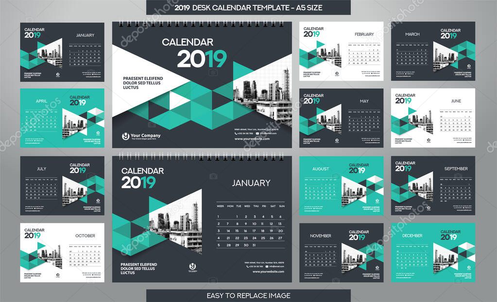 Desk Calendar 2019 template - 12 months included - A5 Size