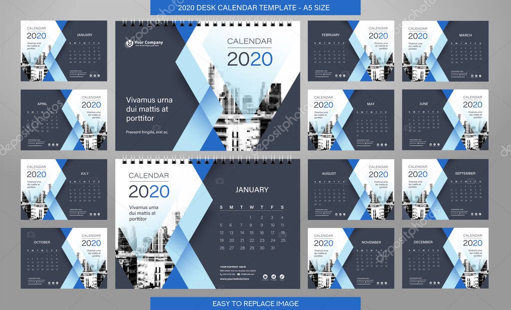 Desk Calendar 2020 template - 12 months included - A5 Size 