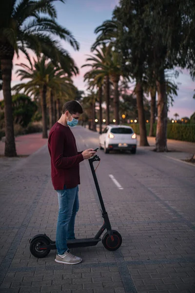 Young Man Standing His Scooter Street Cross Street Concept Technology — Stock Photo, Image