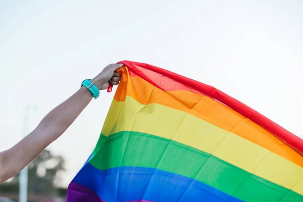 Woman waving rainbow flag in Gay Pride parade in city street