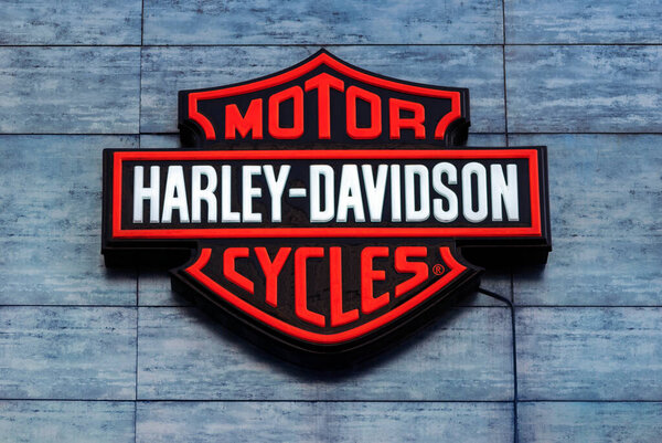 Harley-Davidson Motor Cycles emblem on showroom facade, Moscow 10/10/2020