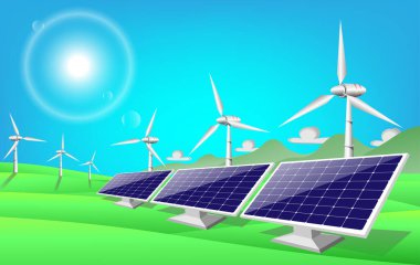 Yenilenebilir kaynaklardan gelen temiz elektrik enerjisinin izole edilmiş vektör çizimi güneş ve rüzgar, Rüzgar Türbini Güneş Paneli Alternatif Enerji Kaynağı, vektör.
