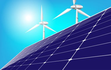 Yenilenebilir kaynaklardan gelen temiz elektrik enerjisinin izole edilmiş vektör çizimi güneş ve rüzgar, Rüzgar Türbini Güneş Paneli Alternatif Enerji Kaynağı, vektör.