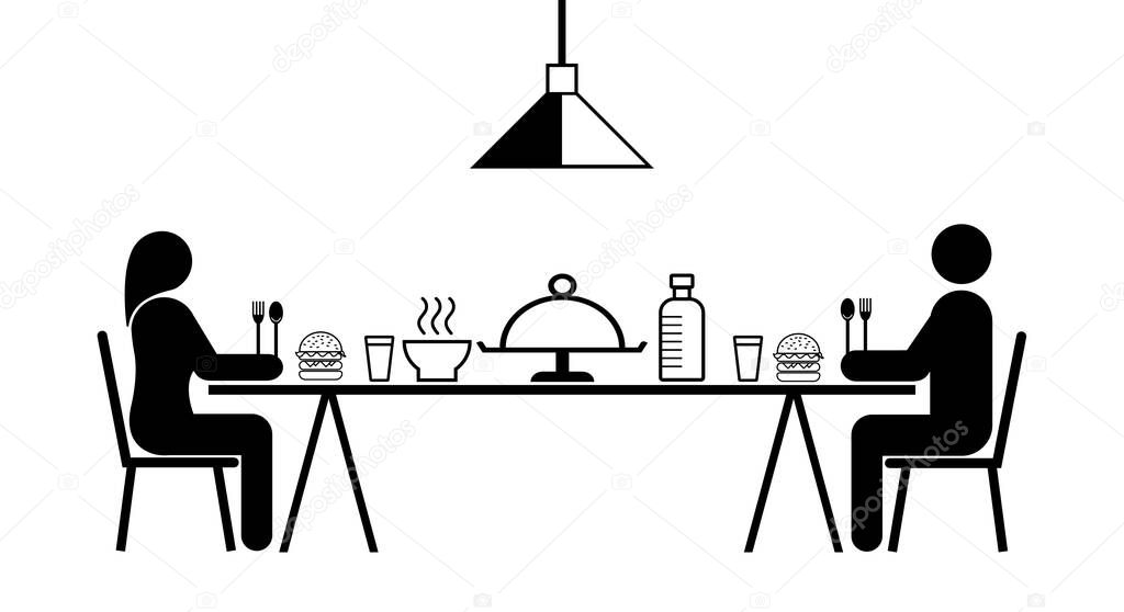   Man and woman sitting and eating together, two meters apart in the dining room, Eating together in accordance with social distancing Concept and New Normal Concept, dinner at home,  Vector and Icon.