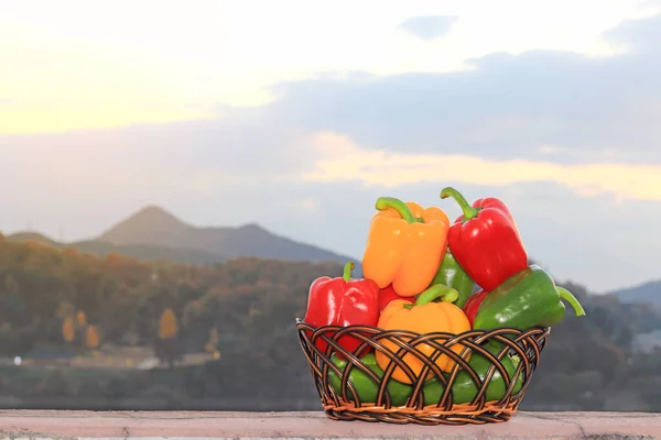 Sağlıklı Sweet Bell biber dağları geçmişi, diyet yemekleri ve vejetaryen konsepti. 
