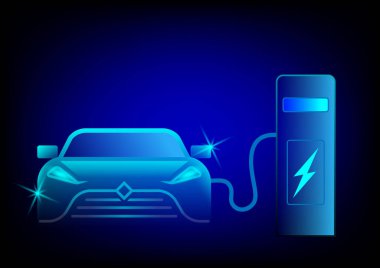 Şarj istasyonunda elektrikli araba, arka planda mavi parlayan elektrikli araba silueti, vektör illüstrasyonu.