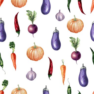 Sebzelerle suluboya kusursuz desen. Kırmızı biber, balkabağı, havuç, pancar, sarımsak, patlıcan. Mutfak, tekstil, dijital kağıt için resim.