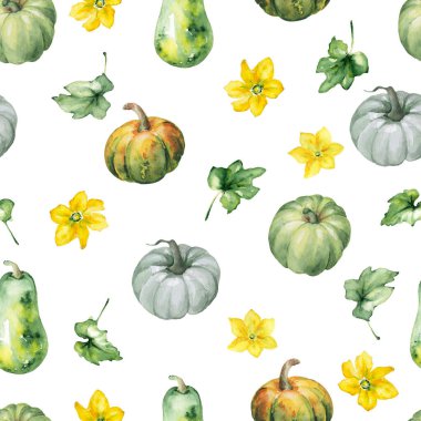 Suluboya sonbahar balkabaklarıyla kusursuz desen. El çizimi. Mutfak, tasarım, ambalaj kağıdı, tekstil, duvar kağıdı, Şükran Günü.