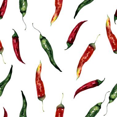 Sebzeli kırmızı biberli suluboya desen. Mutfak, tekstil, dijital kağıt için resim.