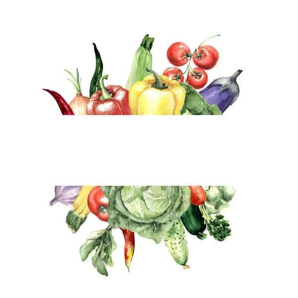 Watercolor frame of vegetables.Pepper,cauliflower, onion, chili pepper,cucumber, pumpkin,carrot, zucchini, cabbage, cherry tomatoes,beets, garlic, eggplant.For  greeting cards,menu,recipe.Copy space.