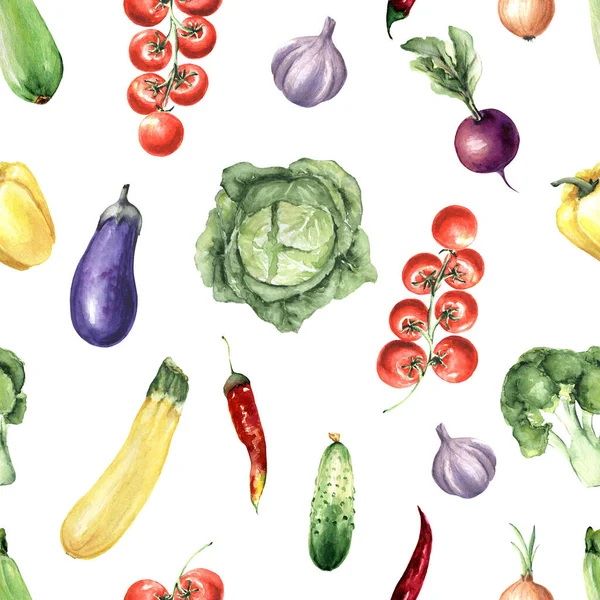 Watercolor seamless pattern with vegetables:cabbage, garlic, broccoli, cherry tomatoes, beets, eggplant, zucchini, onion, cucumber, pepper. illustration for kitchen textiles, wrapping paper,menu.