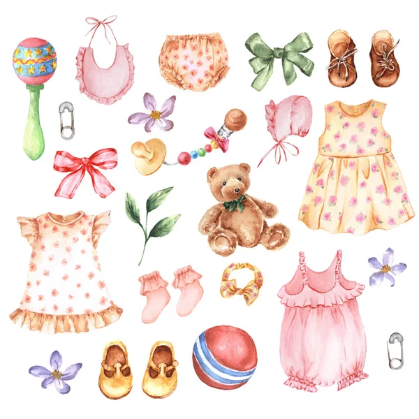 Yeni doğmuş bir bebek için suluboya seti. Giysileri, aksesuarları ve beyaza izole edilmiş oyuncakları var. Klasik çocuk dekoru..