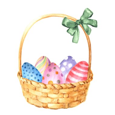Paskalya yumurtalı suluboya sepet. Beyaz arka planda izole bir illüstrasyon. El çizimi..