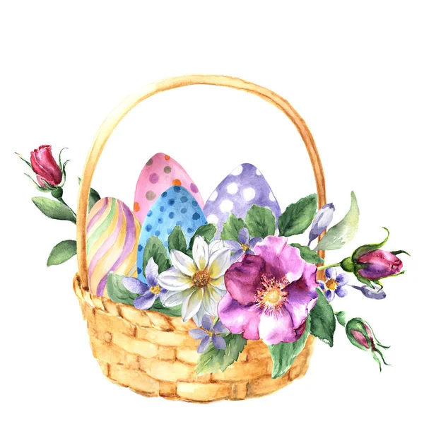 Paskalya yumurtası ve çiçekli suluboya sepet. Beyaz arka planda izole bir illüstrasyon. El çizimi..
