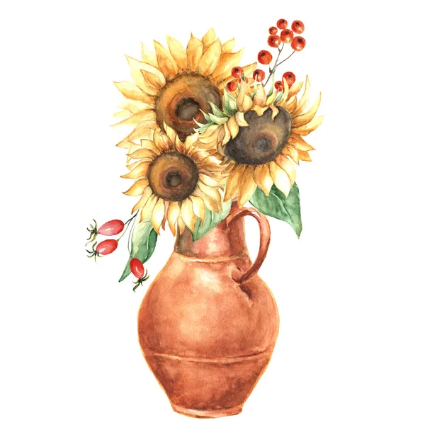 Watercolor rustic autumn bouquet with sunflowers, rowan berries, leaves, vintage ceramic jug, vase, isolated on white. Floral illustration for design.