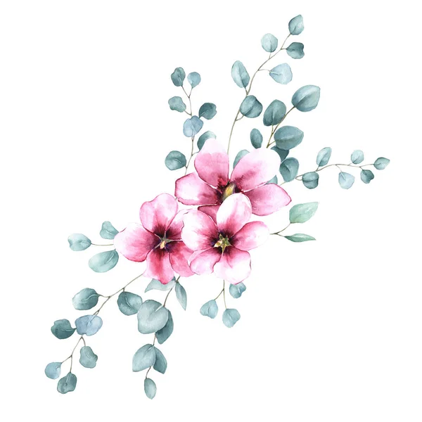 Σύνθεση Ακουαρέλας Ροζ Λουλούδια Και Κλαδιά Ευκαλύπτου Που Απομονώνονται Λευκό — Φωτογραφία Αρχείου