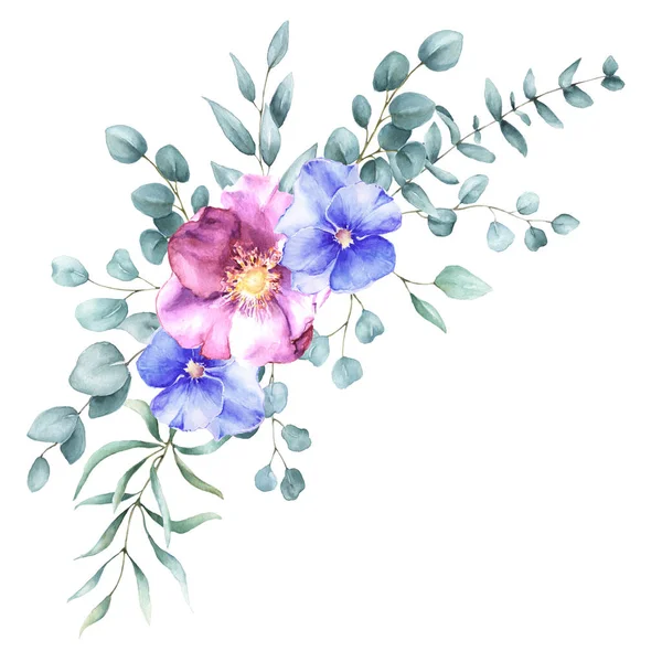 Υδατογραφία Floral Σύνθεση Μοβ Και Ροζ Λουλούδια Κλάδους Ευκαλύπτου Απομονωμένα — Φωτογραφία Αρχείου