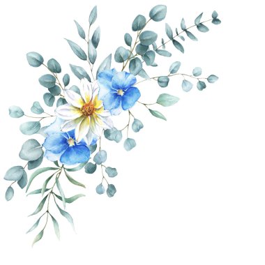 Çiçek Kompozisyonu. Suluboya çiçekleri ve okaliptüs dalları, beyazın üzerinde izole edilmiş. Kart Tasarımı için El Çizimi Çizimi Çizimi.