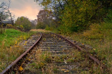 Arka planda dramatik bir günbatımı olan raylar. Fotoğraf İsveç 'in güneyindeki İskandinav ilçesinden..