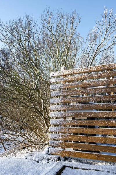 정원에 나무 울타리와 나무 울타리가 있는 겨울 풍경. 사진 : Scania, Sweden — 스톡 사진