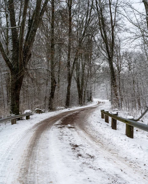 Ένας παγωμένος και χιονισμένος χειμωνιάτικος δρόμος περνάει μέσα από ένα δάσος. Φωτογραφία από το Eslov, Σουηδία — Φωτογραφία Αρχείου
