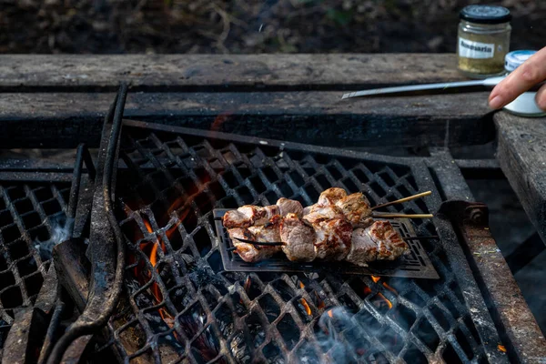 Souvlakia cooked at a campsite fireplace