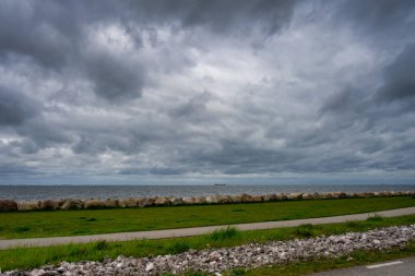 Okyanusun üzerinde güzel, dramatik bir gökyüzü. Ön plandaki bir dalga kırıcıda bir çim ve taşlar.