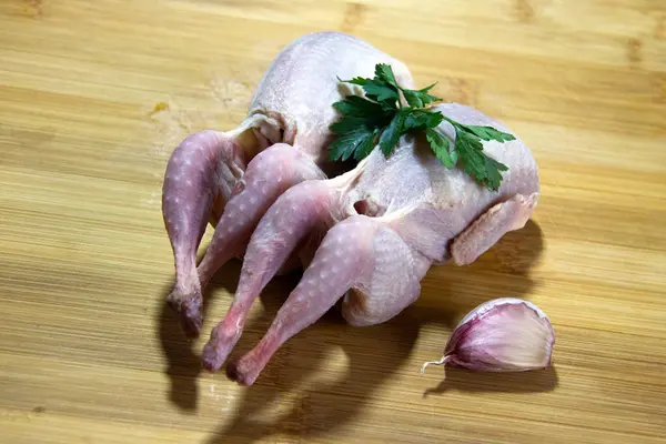Fresh raw uncooked quails meat. Soup preparation. — Stock Image Fresh Raw Uncooked Quails Meat Soup Preparation Stock Photo