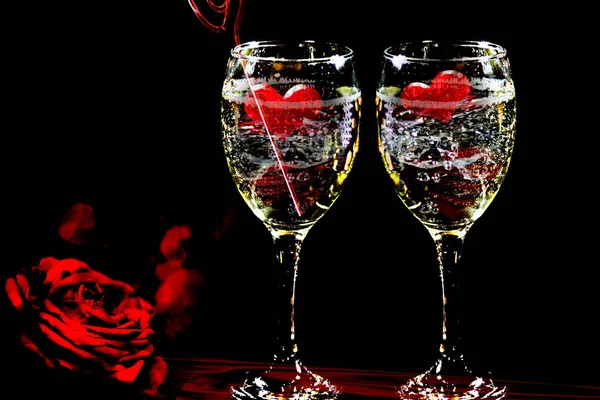Valentine Day Two Glasses Wine Red Hearts — Stock Photo, Image