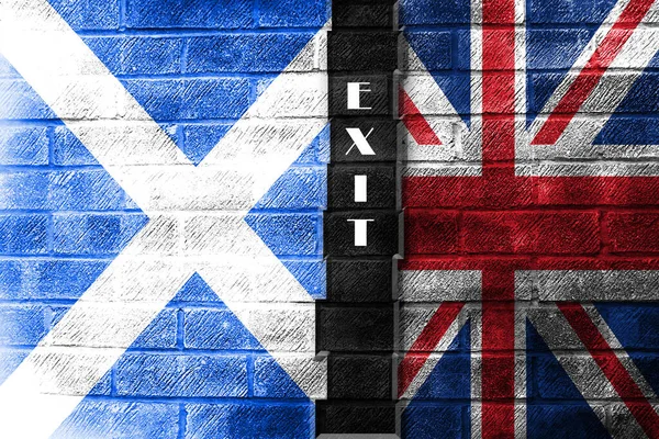Концепція Виходу Шотландський Прапор Британський Прапор Намальовані Цегляній Стіні — стокове фото