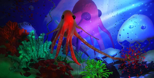 有章鱼和珊瑚礁的水下海洋生物 3D渲染说明 — 图库照片
