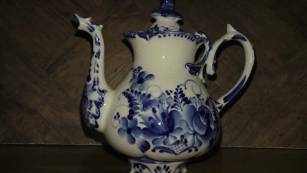 Teapot Russian Traditional Gzhel Style Gzhel Russian Folk Craft Ceramics — Stock Video