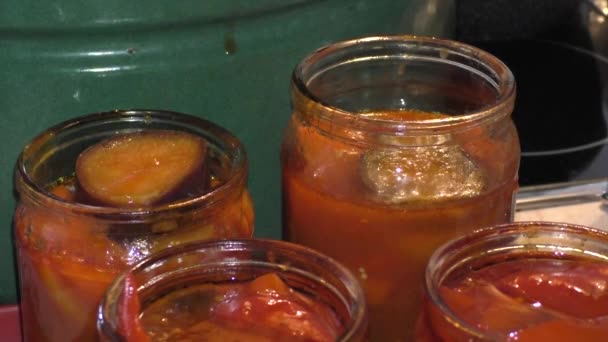 Preparation Homemade Lecho Sweet Pepper Eggplant Tomato Juice Lecho Served — Stock Video